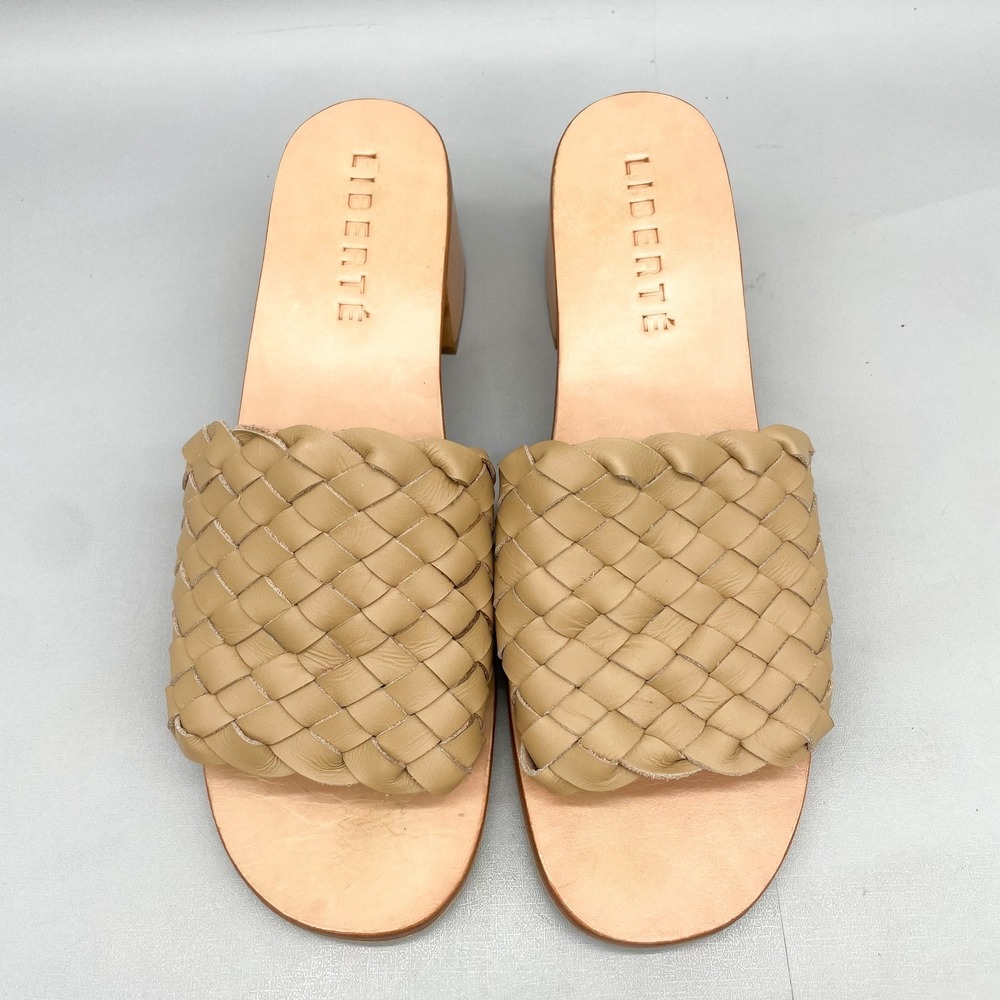 Liberte Leather Womens 8 Santorini Mule Woven Beige Leather Block Heel Open Toe